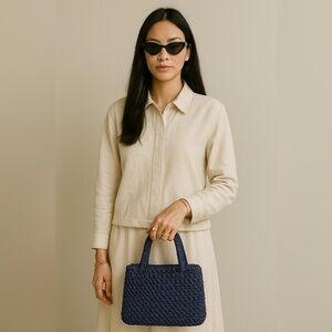 Vintage 70’s Shoulder Bag Navy Silk Straw Clutch handbag Large Great Condition